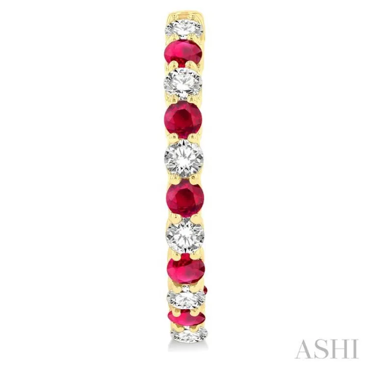 1 1/4 Ctw Interior & Exterior 2.7 MM Ruby and Round Cut Diamond Precious Hoop Earring in 14K Yellow Gold