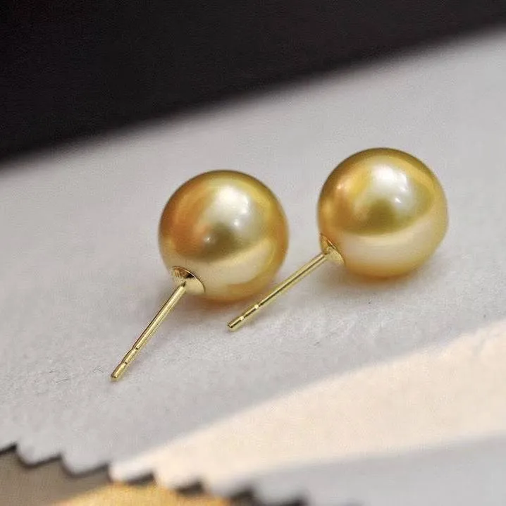 10-12mm 18K Gold Golden South Sea Pearl & Classic Earrings