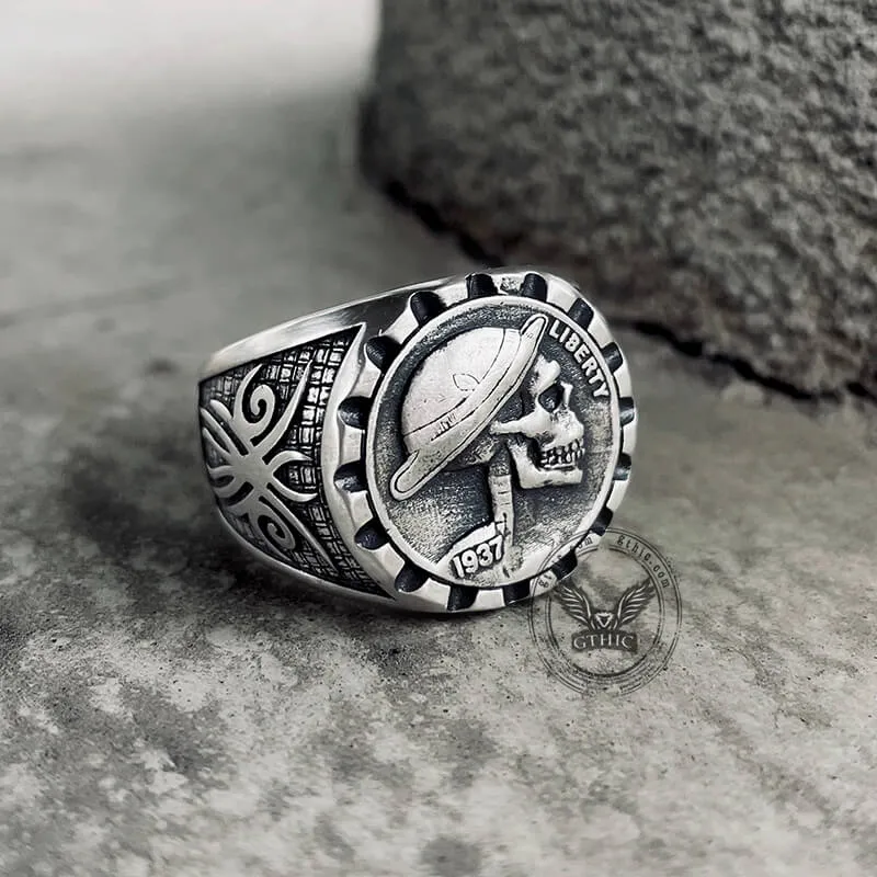 1937 Hobo Nickel Coin Sterling Silver Skull Ring