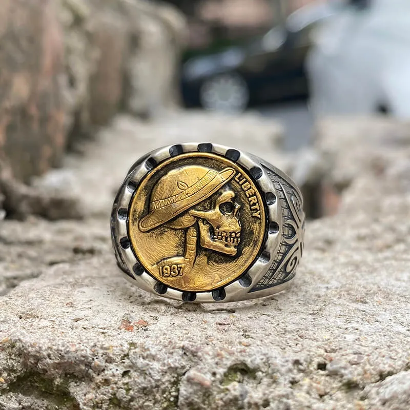 1937 Hobo Nickel Coin Sterling Silver Skull Ring