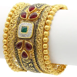 22K Gold Ruby Emerald Kundan CZ Antique 1 Piece Kada