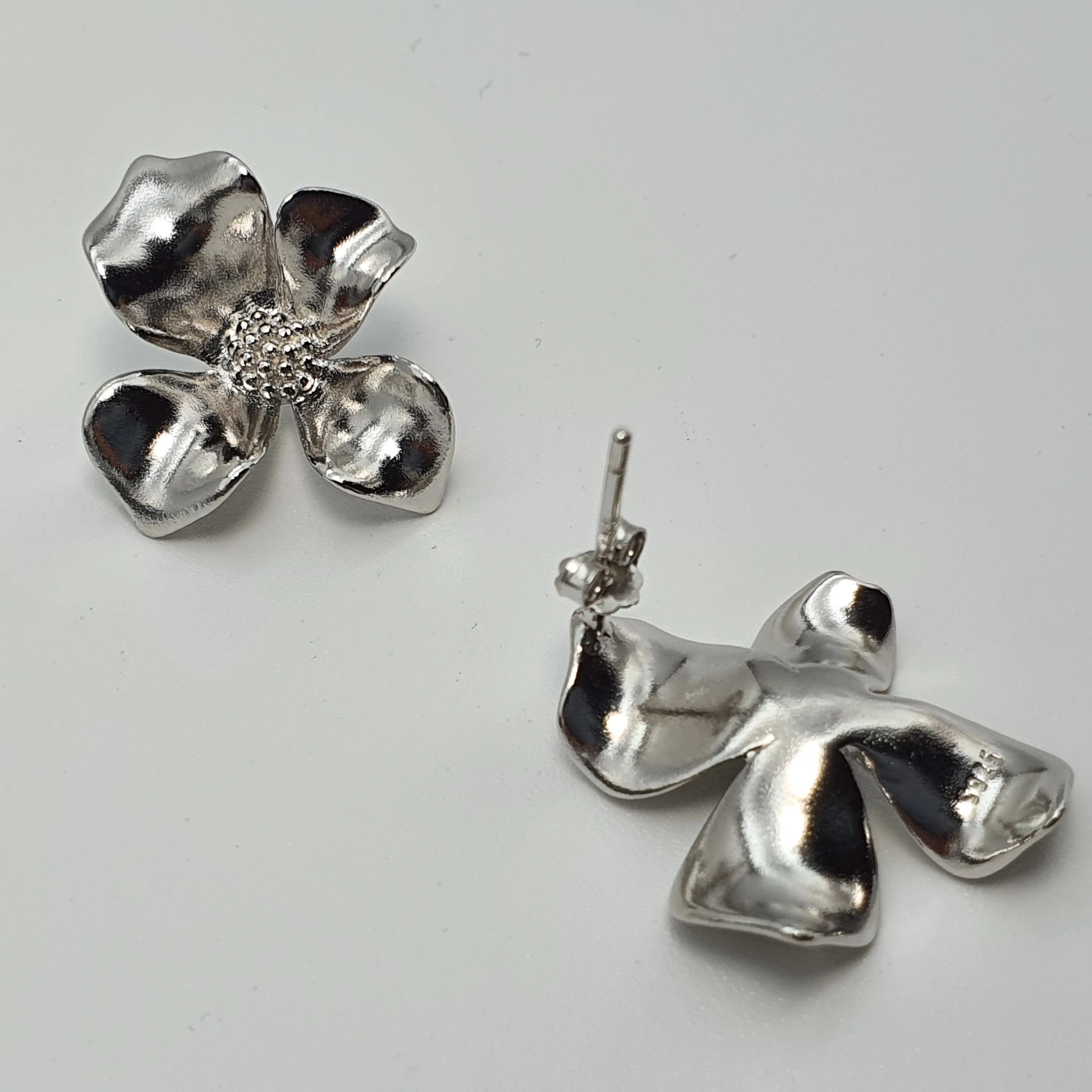 3D Flower Stud Earrings, Sterling Silver