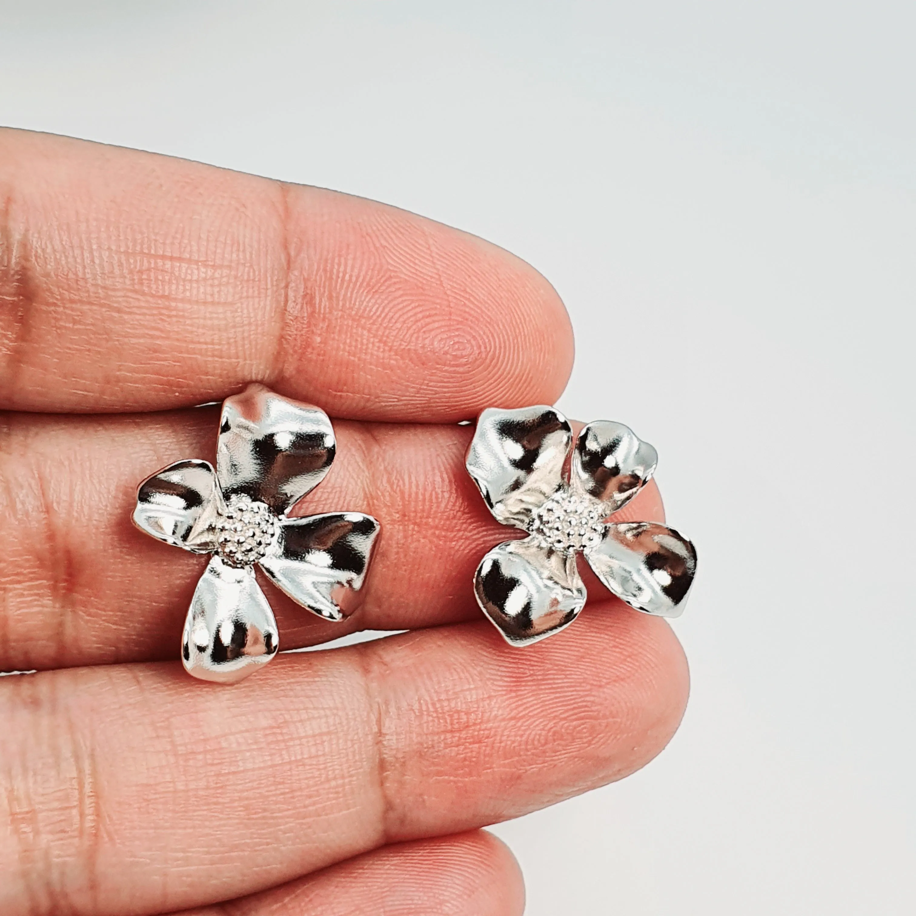 3D Flower Stud Earrings, Sterling Silver