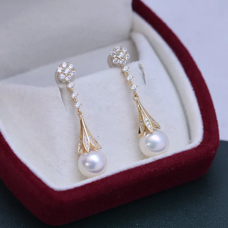 8-9mm Freshwater Pearl & CZ Daisy Earrings