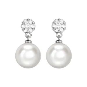 9ct White Gold Freshwater Pearl And 0.19ct Diamond Cluster Drop Earrings