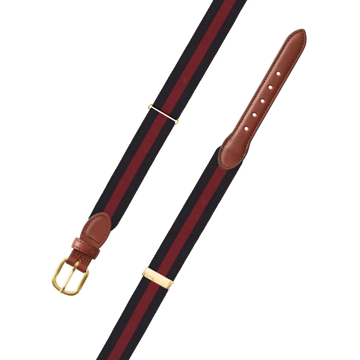 Adjustable Black & Maroon Grosgrain Belt with Brown Leather Tabs