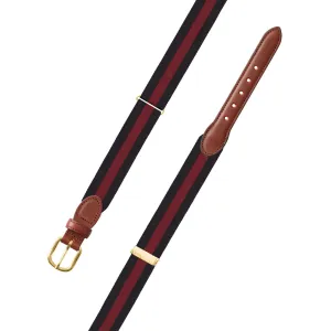 Adjustable Black & Maroon Grosgrain Belt with Brown Leather Tabs