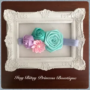 Aqua, Green, Lavender & Light Pink Rosettes Headband