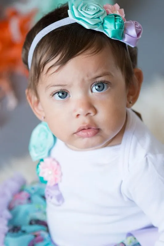 Aqua, Green, Lavender & Light Pink Rosettes Headband