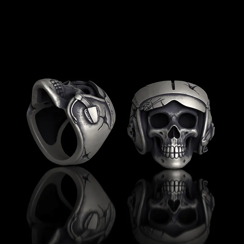 Aviator Helmet Skull Sterling Silver Ring