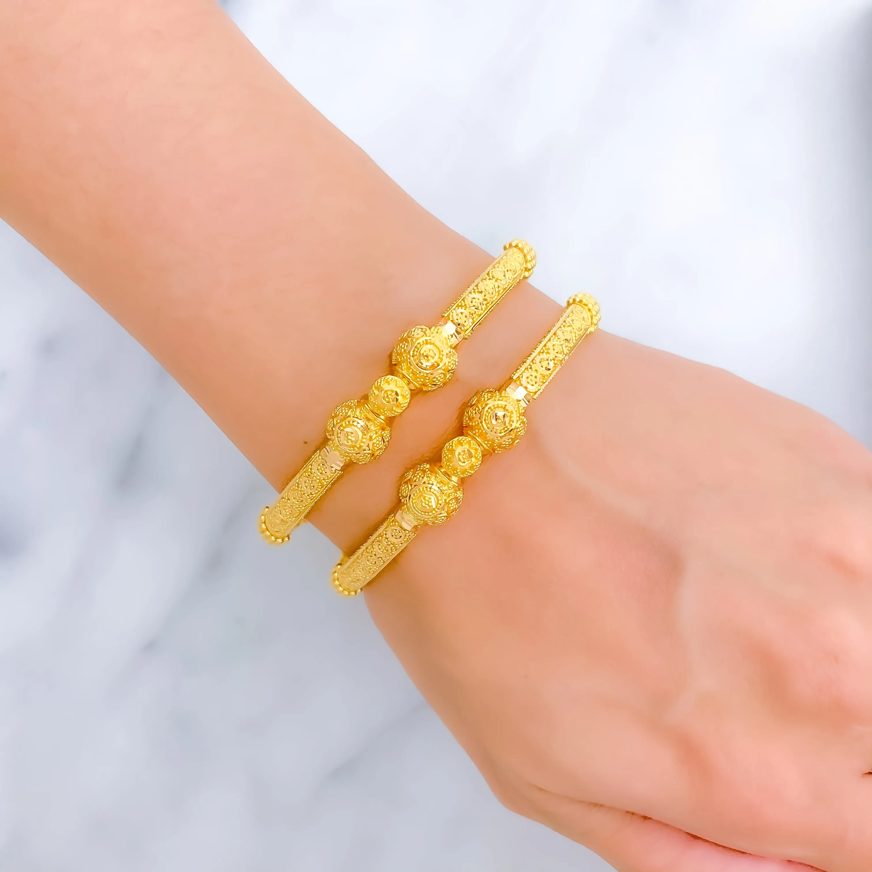 Beaded Ribbon 22K Gold Bangles