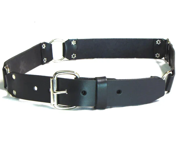 Black Leather Belt w/ 3 Silver Rings and White Skull and Crossbones