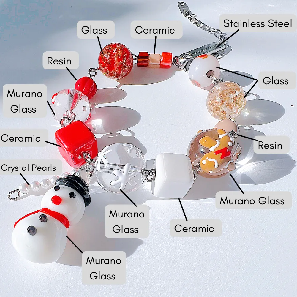 Christmas Snowman Jewelry Handmade Charm Bracelet with Murano Glass Gemstones