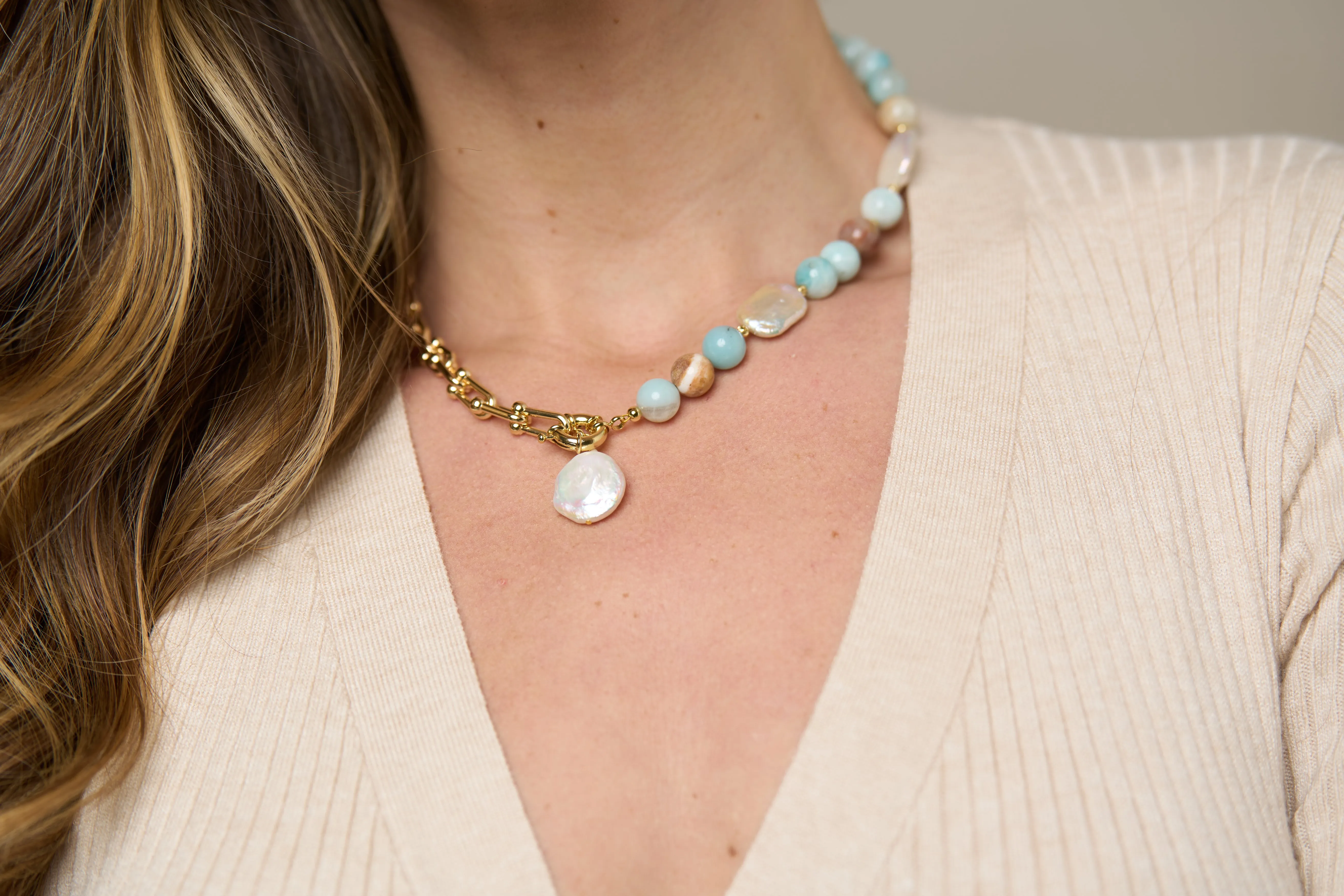 Clara chunky gold chain & amazonite necklace with cultured freshwater pearl drop