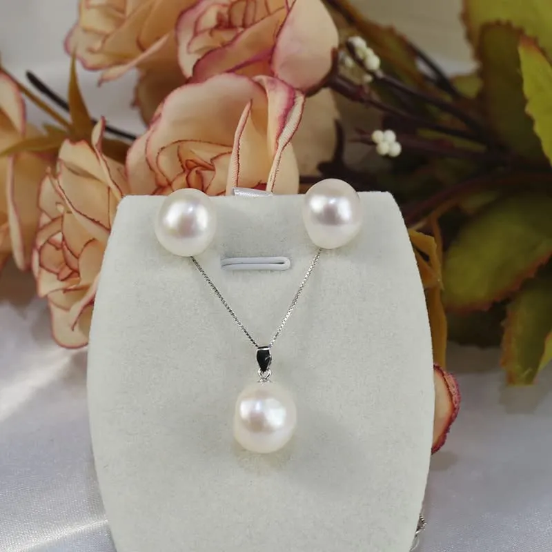 Classic Women's White Freshwater Pearl Pendant Necklace and Earrings