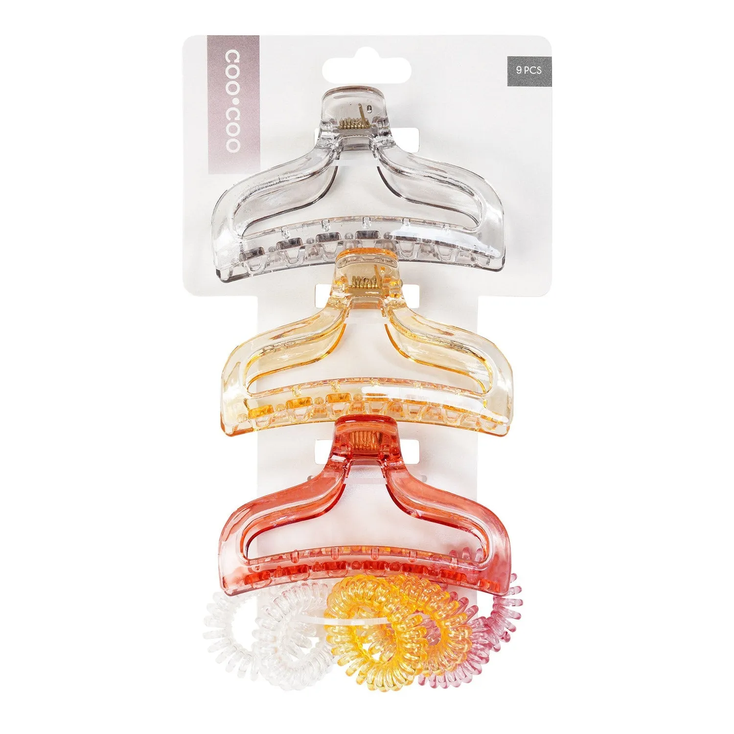 Coo Coo Triple Color Clear Jaw Clip & Spiral Hair Ties Set