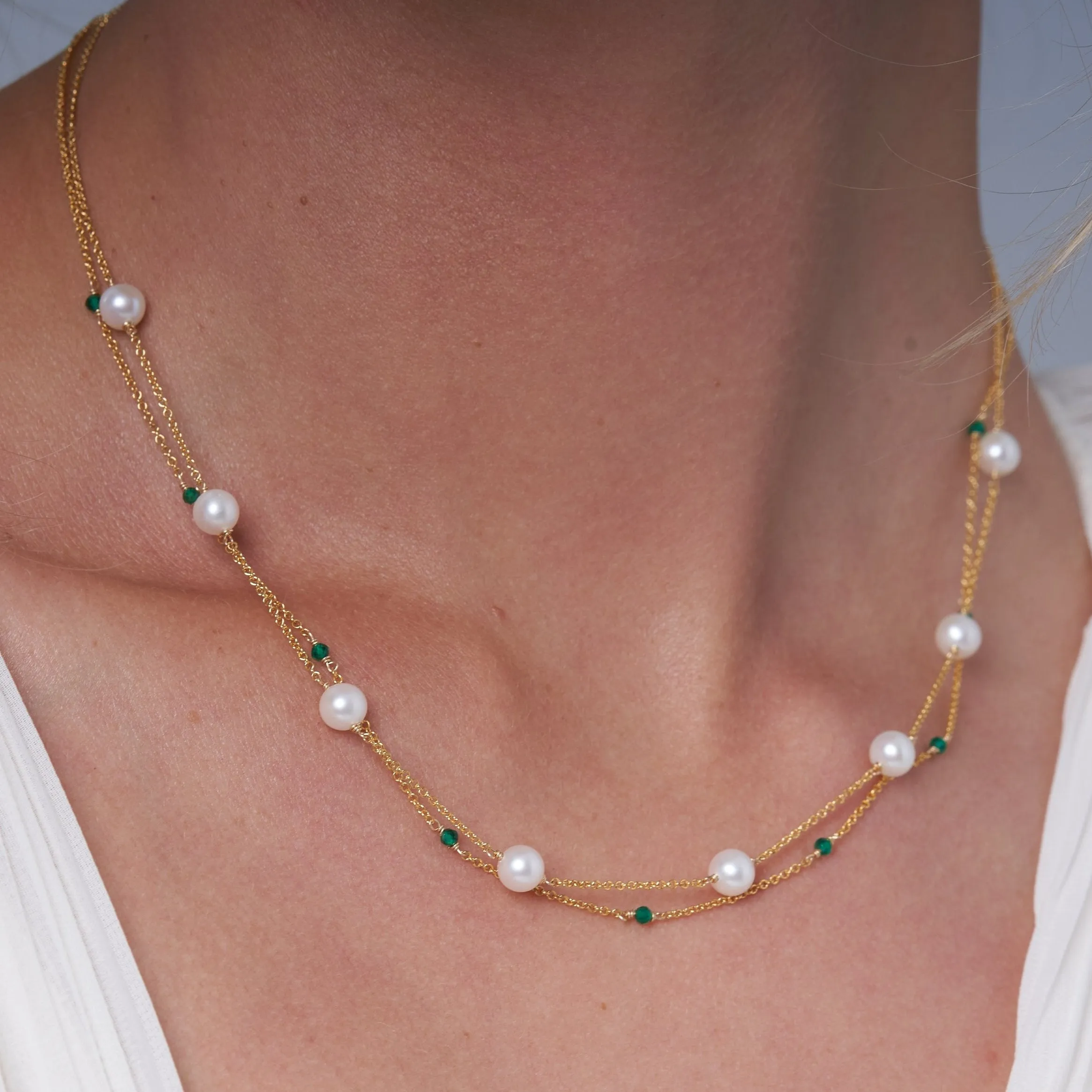 Credo fine double chain necklace with cultured freshwater pearls & emerald