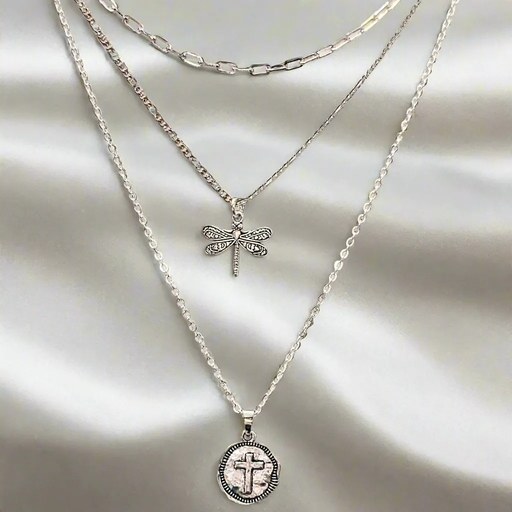 CZ Flower/Dragonfly Cross  Layered Necklace Set