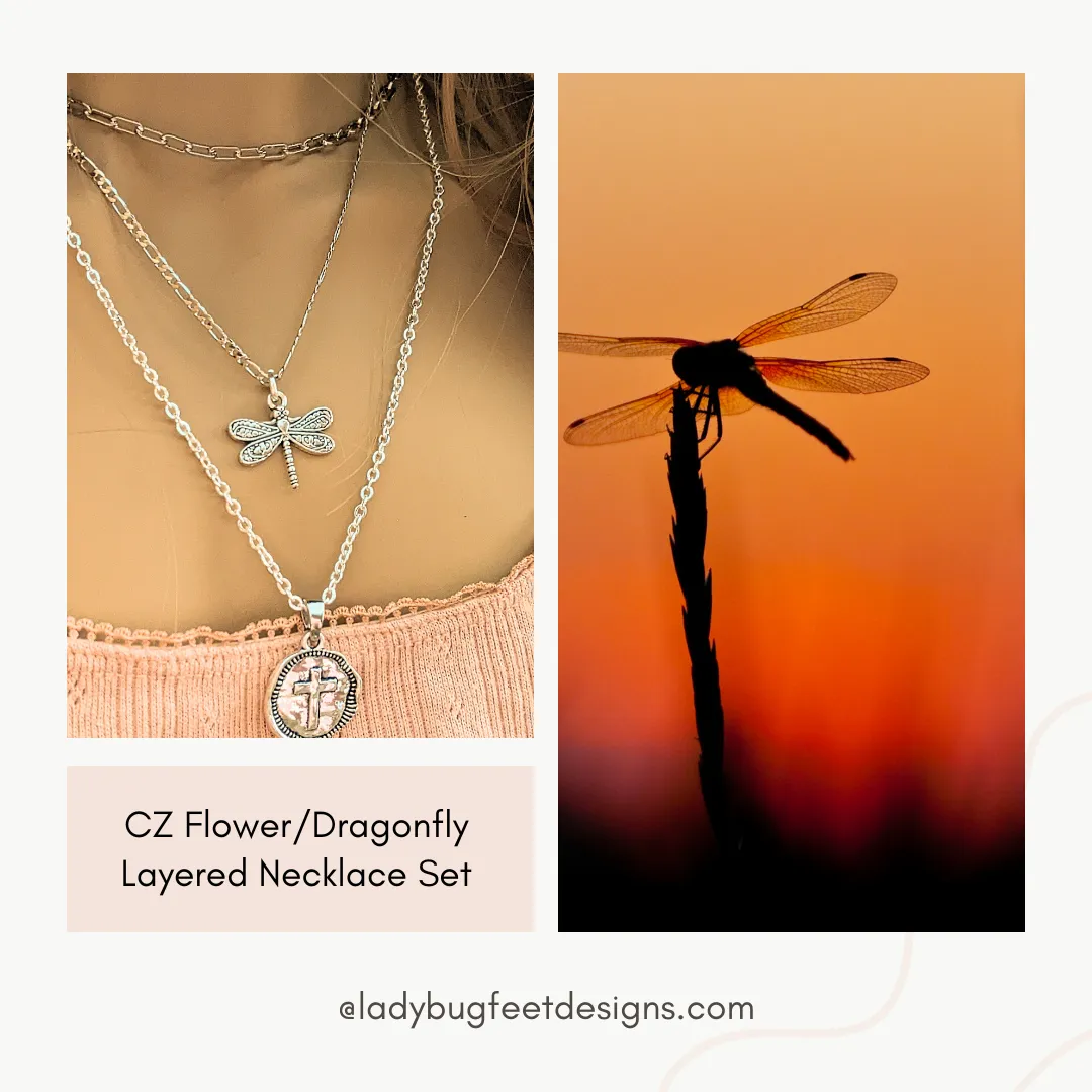 CZ Flower/Dragonfly Cross  Layered Necklace Set