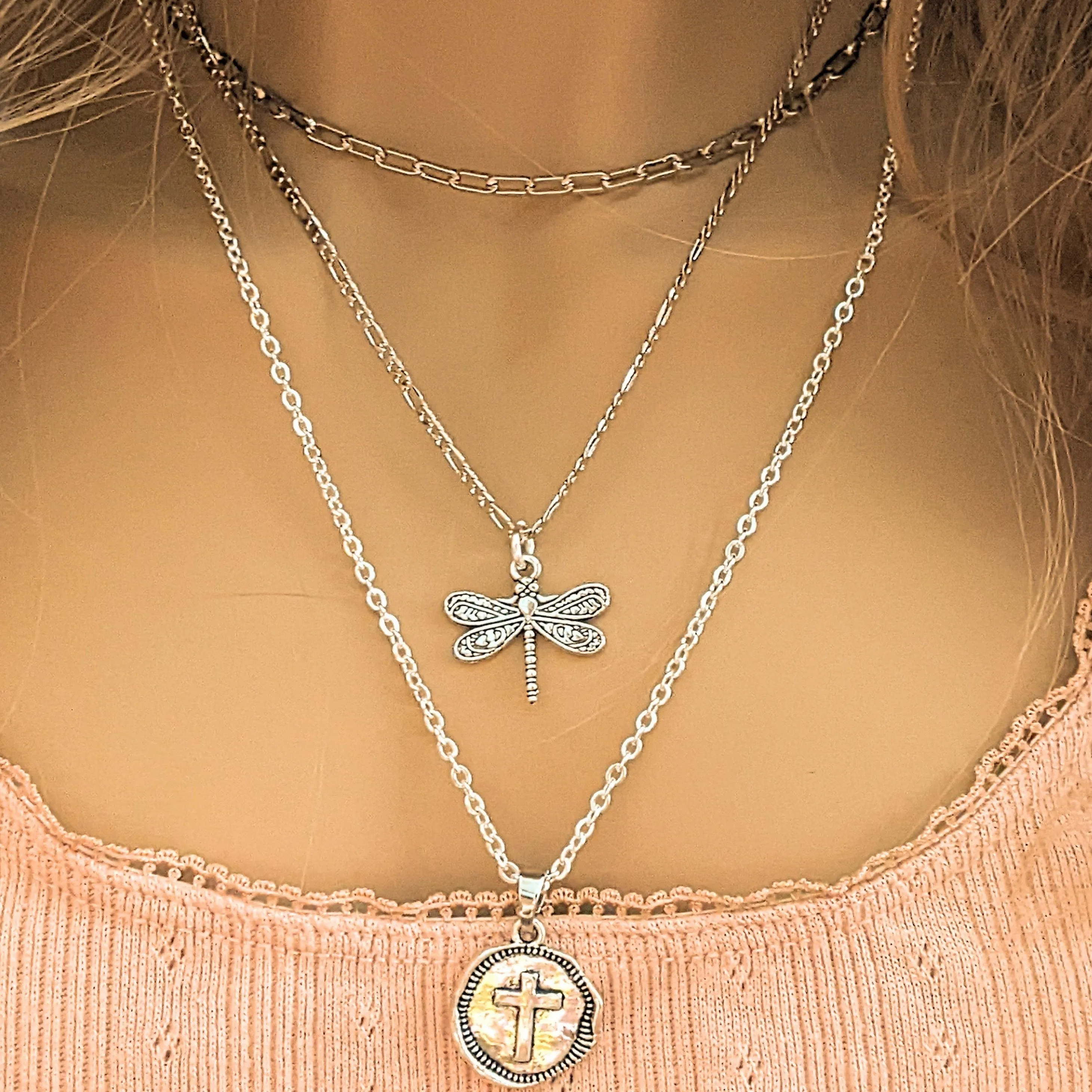 CZ Flower/Dragonfly Cross  Layered Necklace Set