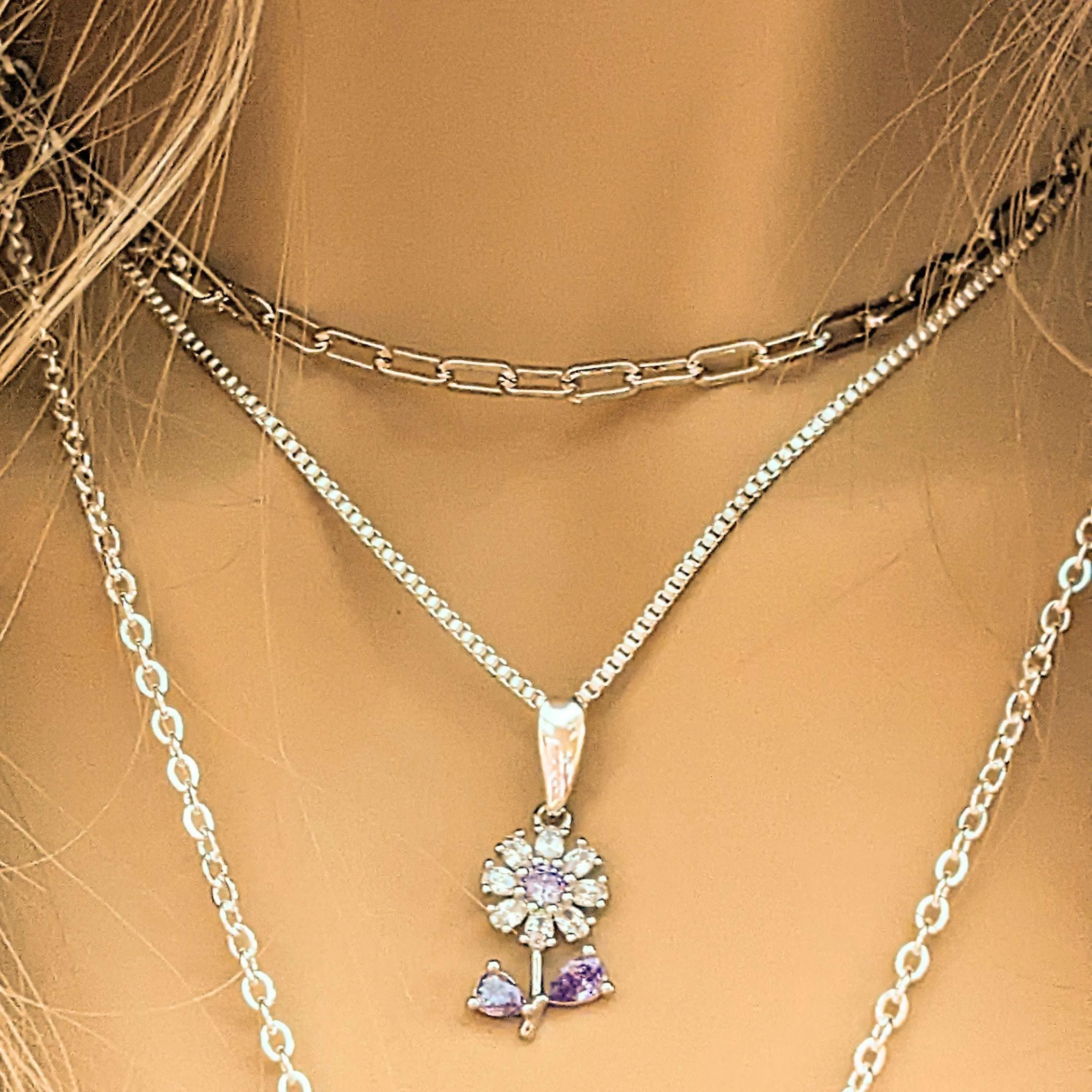 CZ Flower/Dragonfly Cross  Layered Necklace Set