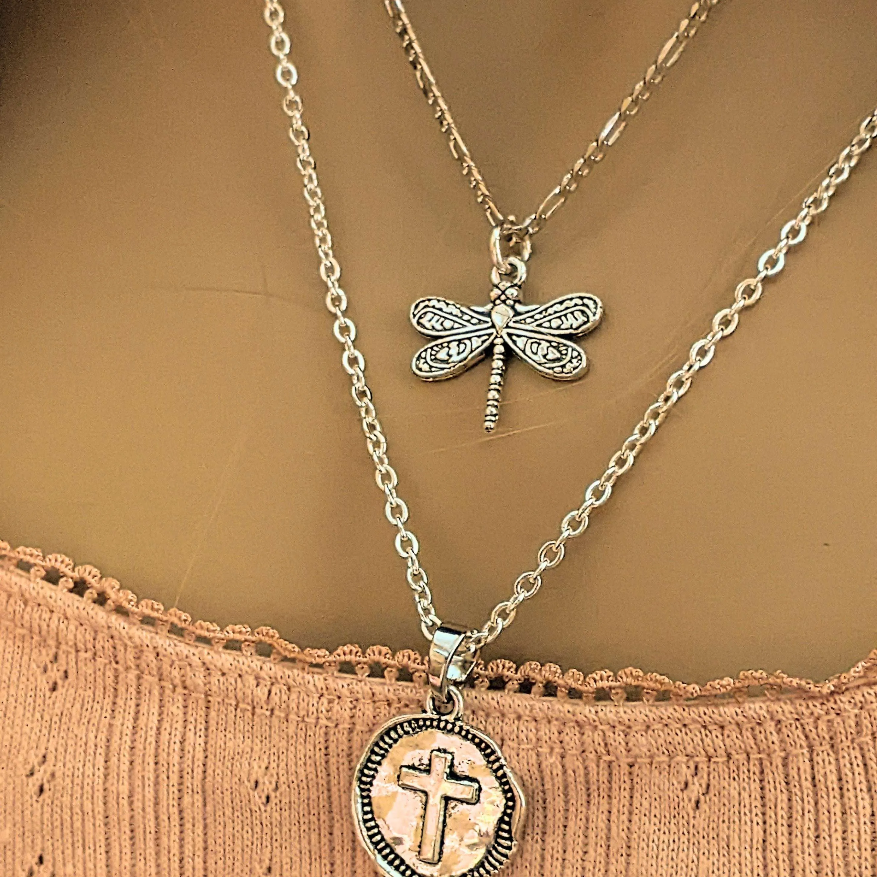 CZ Flower/Dragonfly Cross  Layered Necklace Set