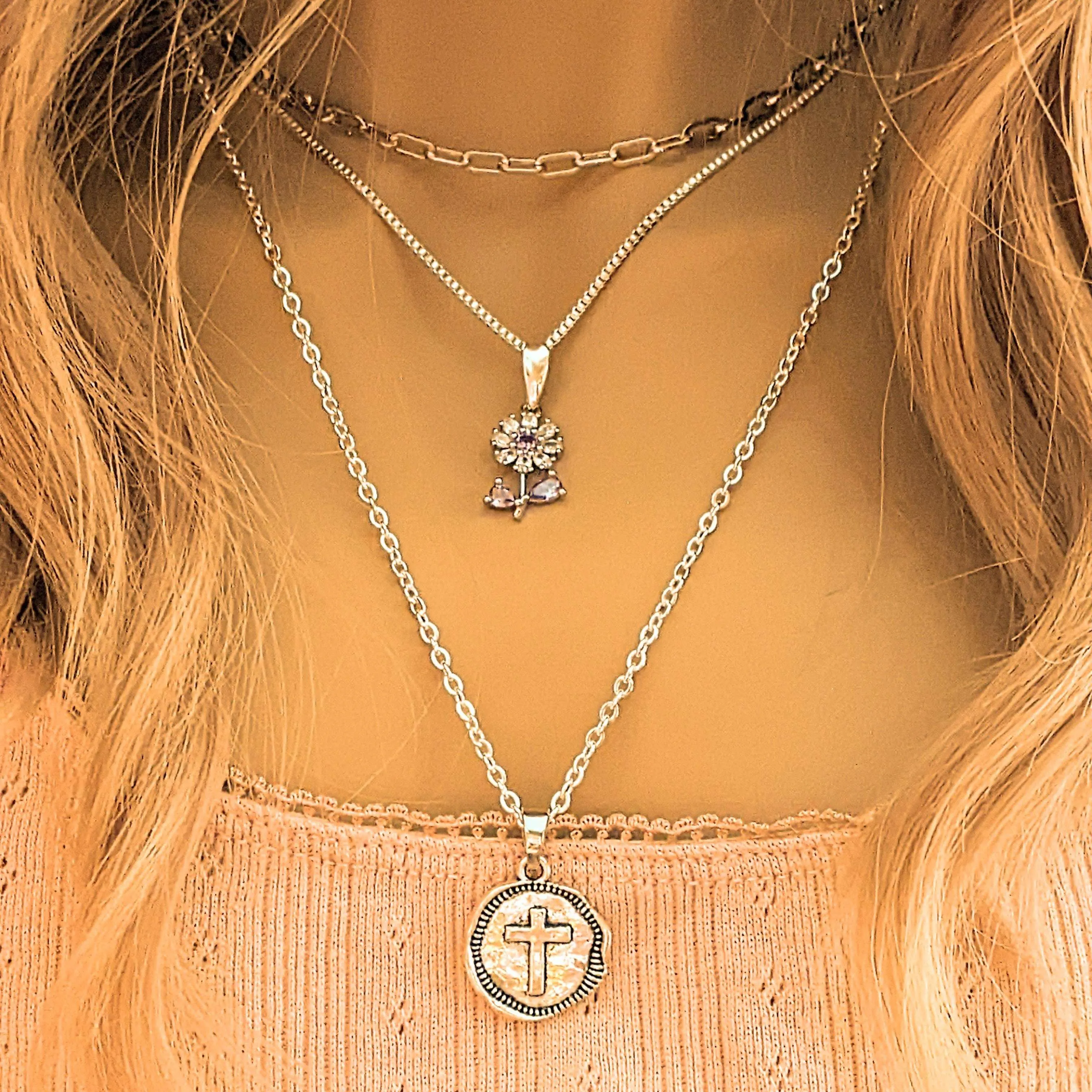 CZ Flower/Dragonfly Cross  Layered Necklace Set