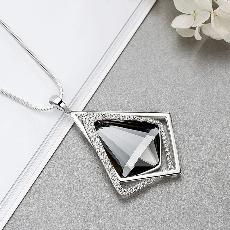 DEANWANGKT Long Black Crystal Necklaces & Pendants Fashion Gold Silver Color Chain Rhinestone Geometric  Necklace Jewelry For Women