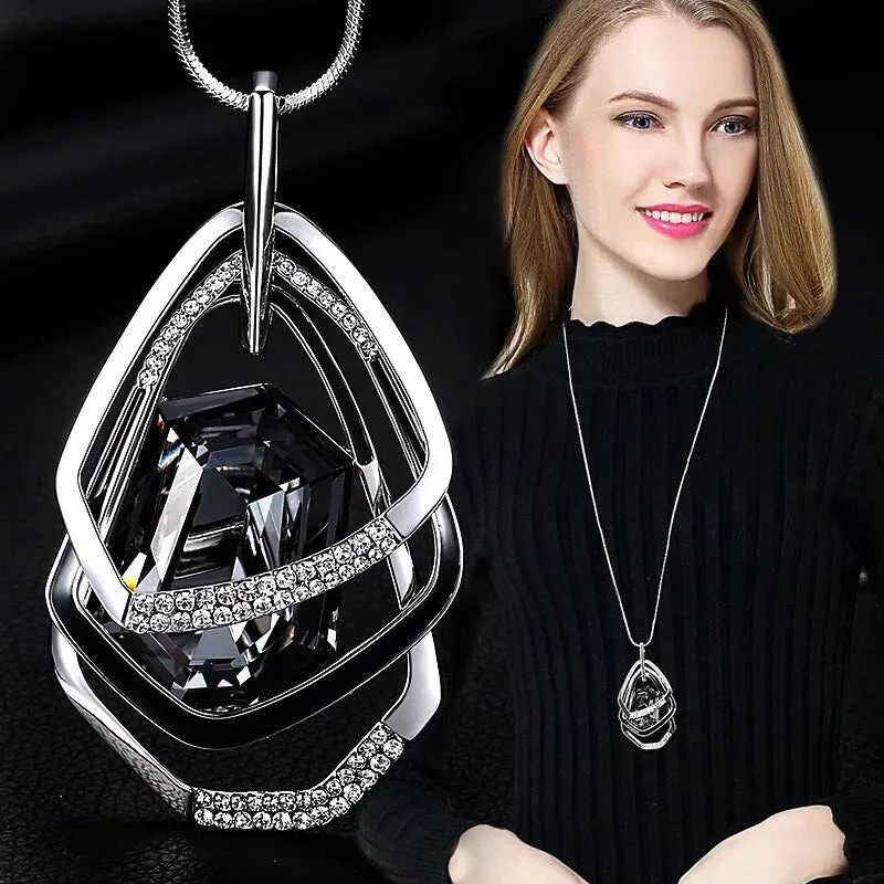 DEANWANGKT Long Black Crystal Necklaces & Pendants Fashion Gold Silver Color Chain Rhinestone Geometric  Necklace Jewelry For Women