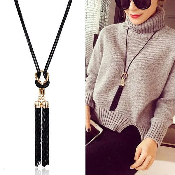 DEANWANGKT Long Black Crystal Necklaces & Pendants Fashion Gold Silver Color Chain Rhinestone Geometric  Necklace Jewelry For Women