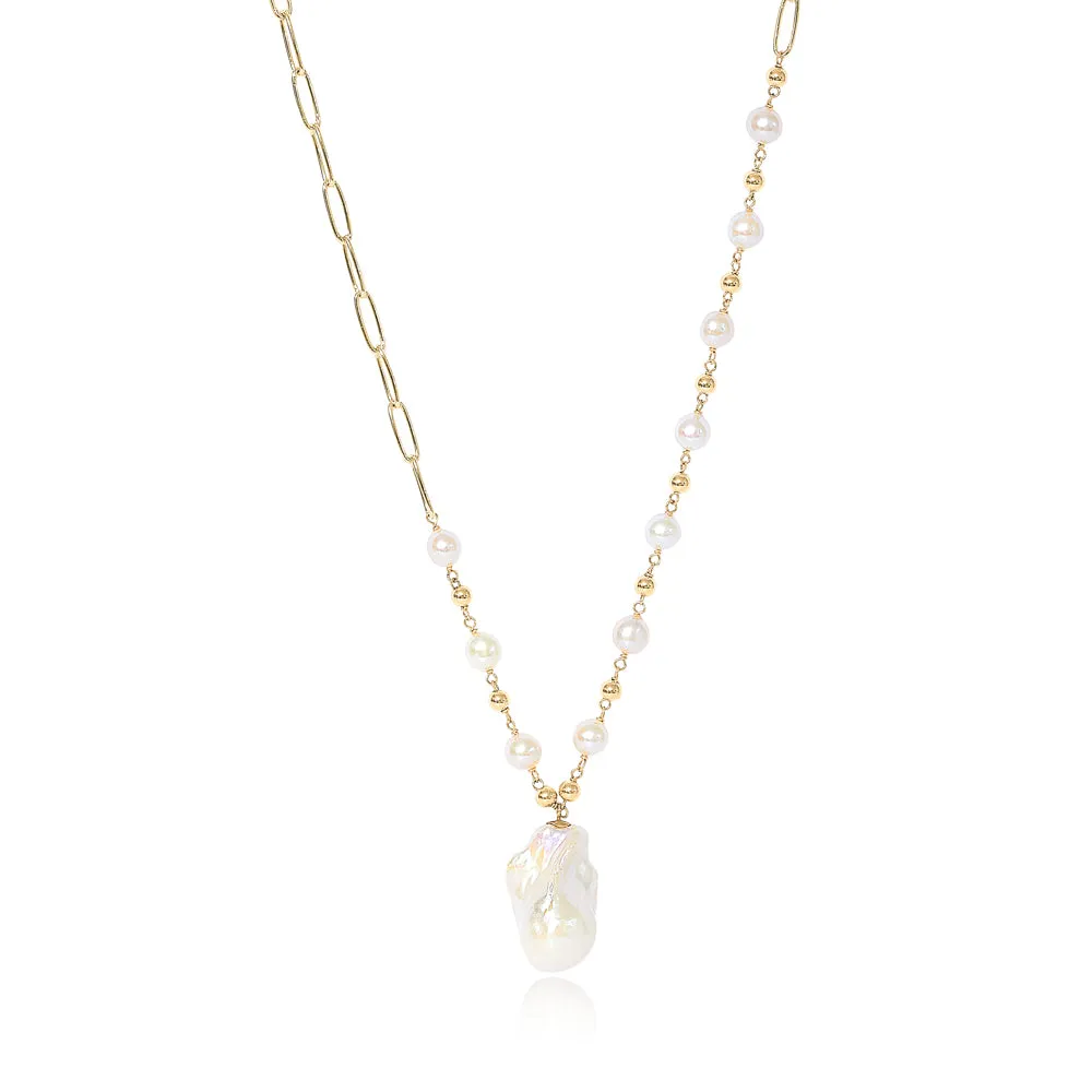 Decus large baroque 'fireball' cultured freshwater pearl drop on long gold chain