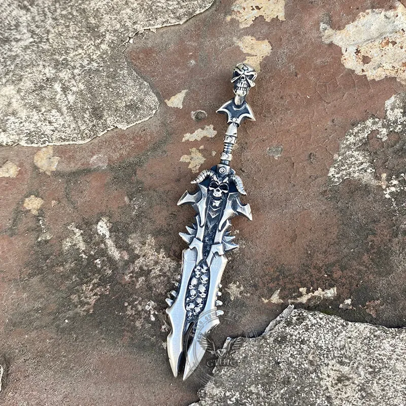 Demon Skull Sterling Silver Sword Weapon Pendant