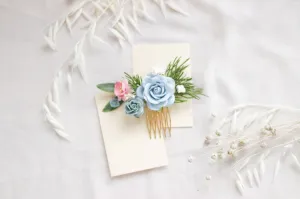 Flower Hair Comb / Blue Mulberry Paper Rose Wedding Comb