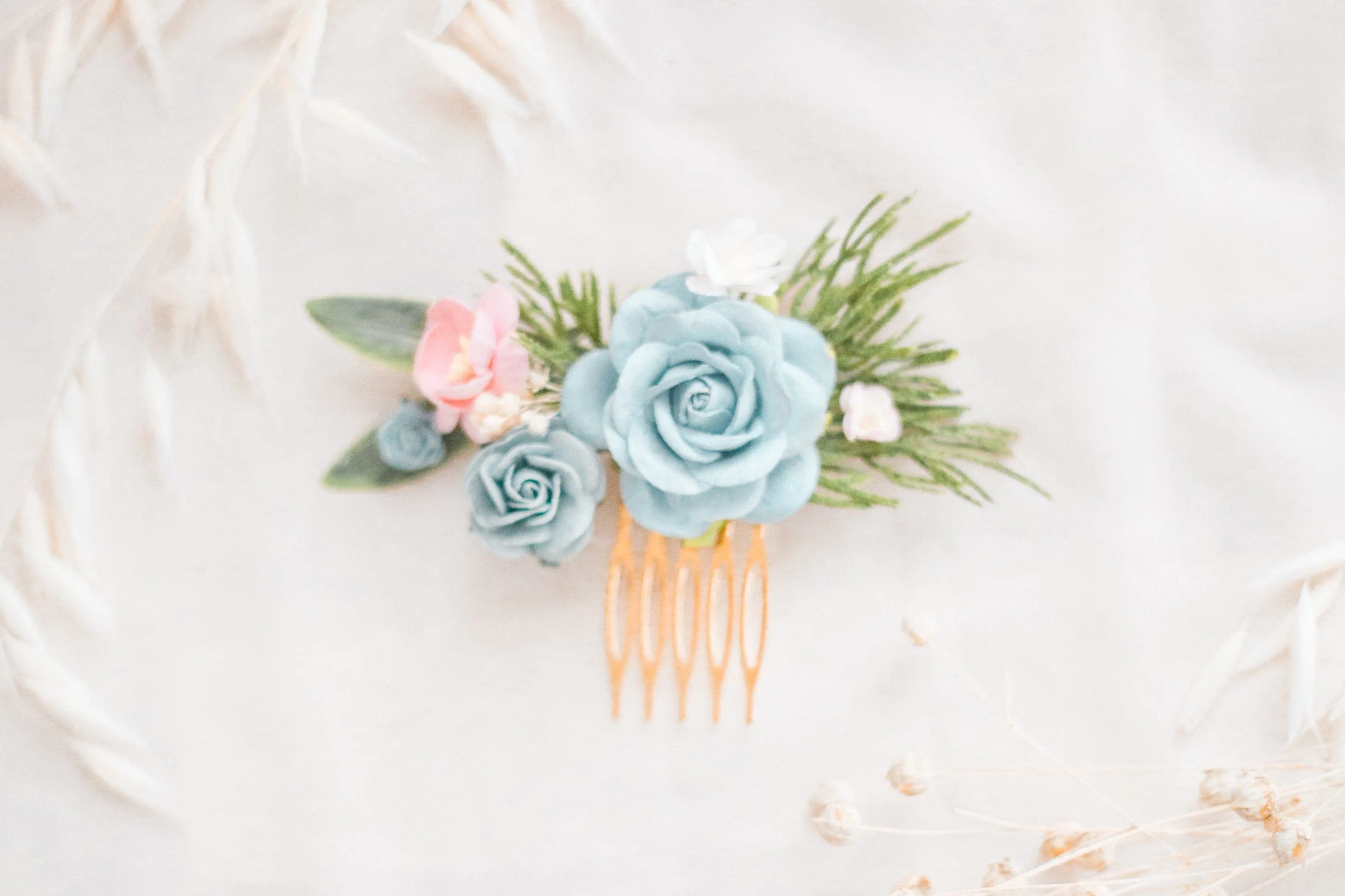 Flower Hair Comb / Blue Mulberry Paper Rose Wedding Comb