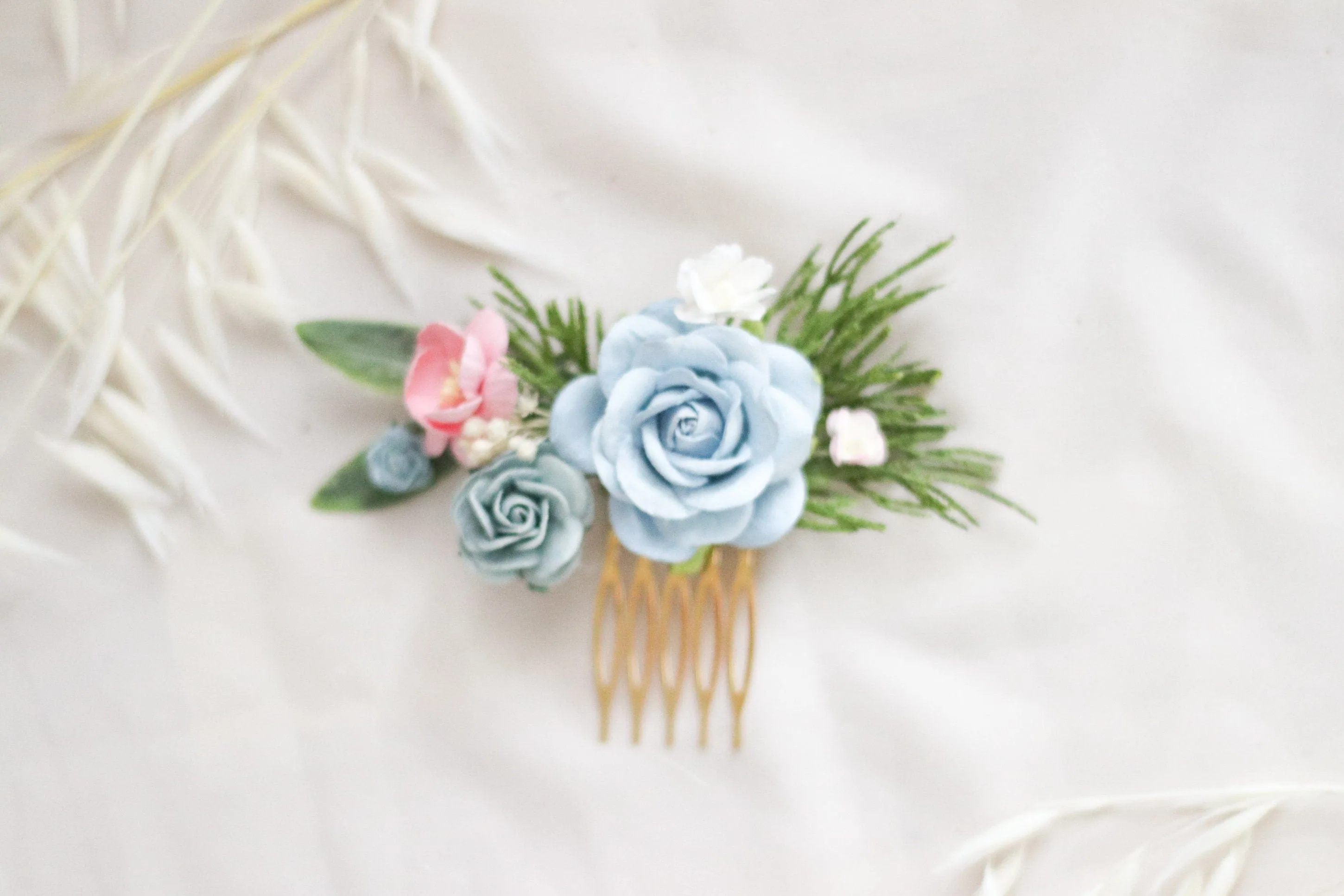 Flower Hair Comb / Blue Mulberry Paper Rose Wedding Comb