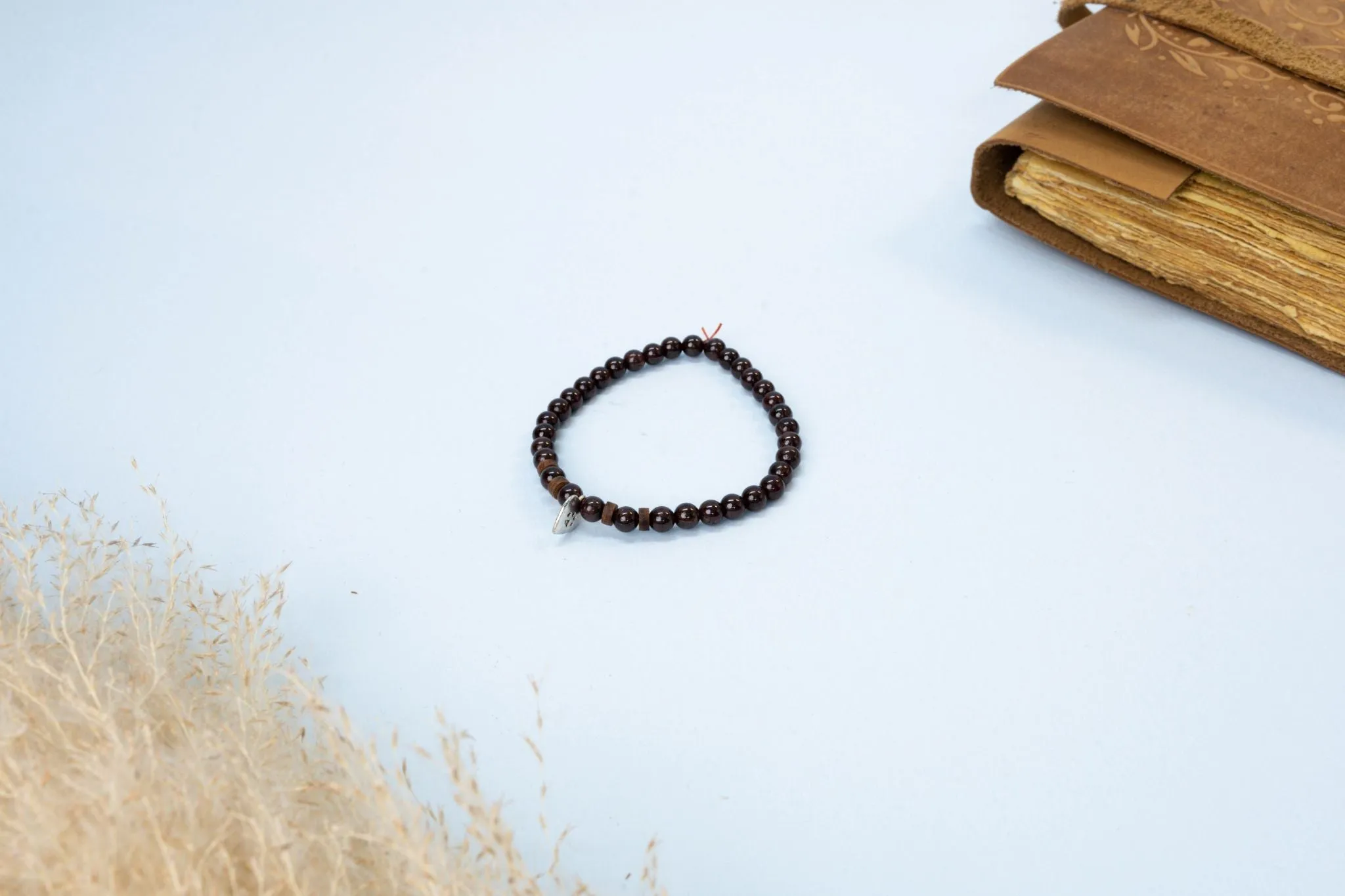 Garnet & Wooden Beads with Silver Charm Bracelet