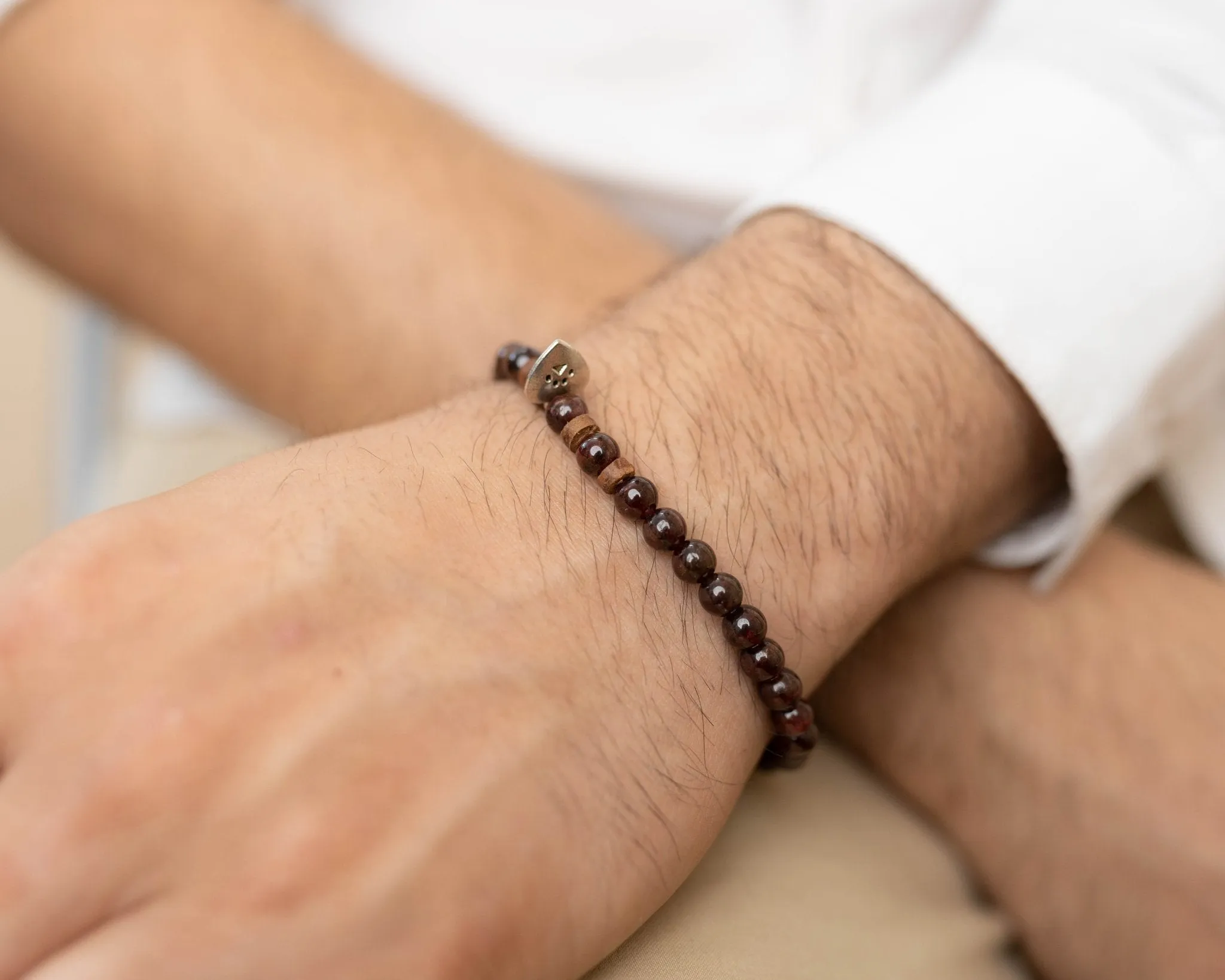 Garnet & Wooden Beads with Silver Charm Bracelet