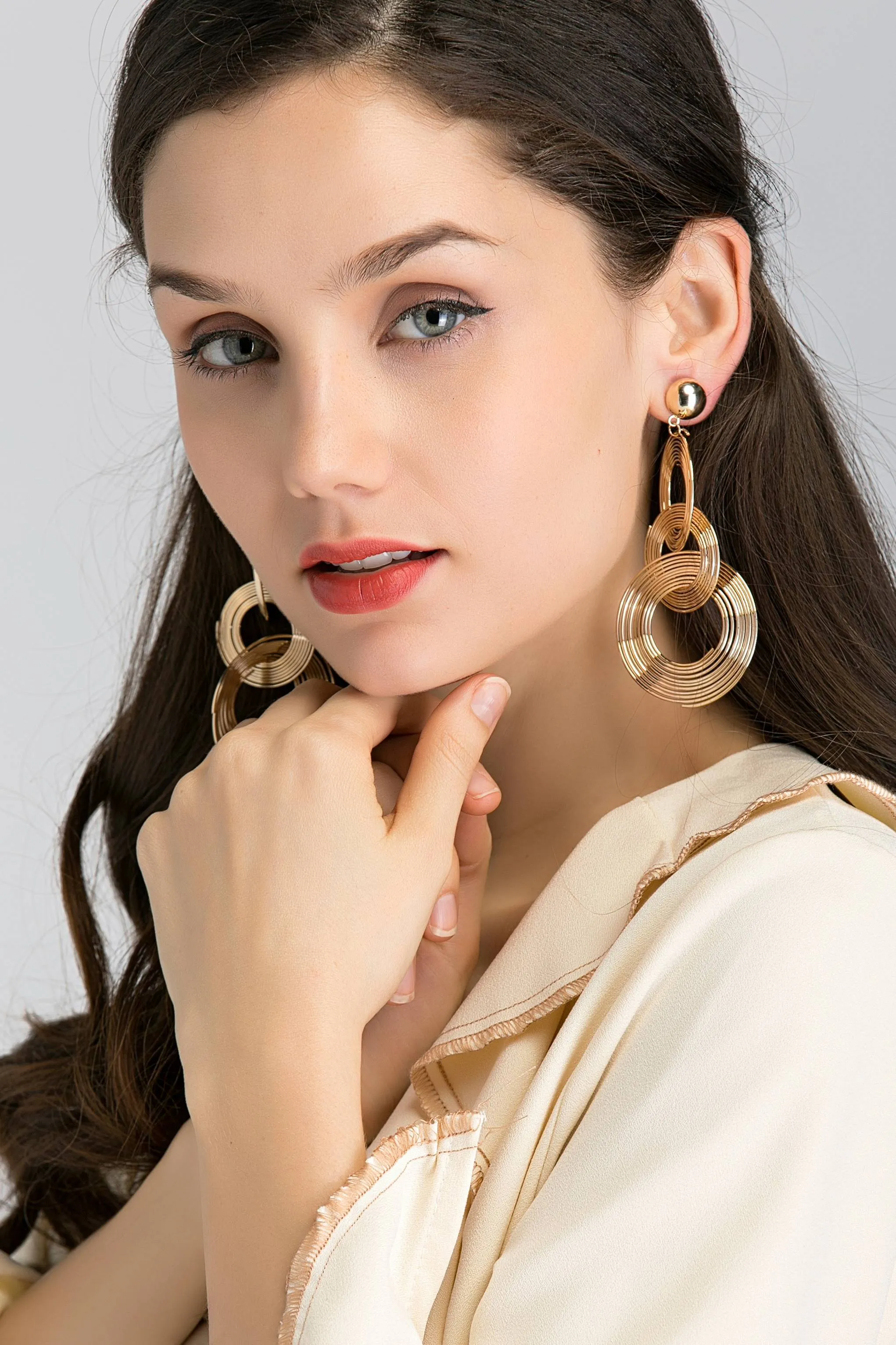 Gold Button Stud and Triple Spiral Drop Earrings