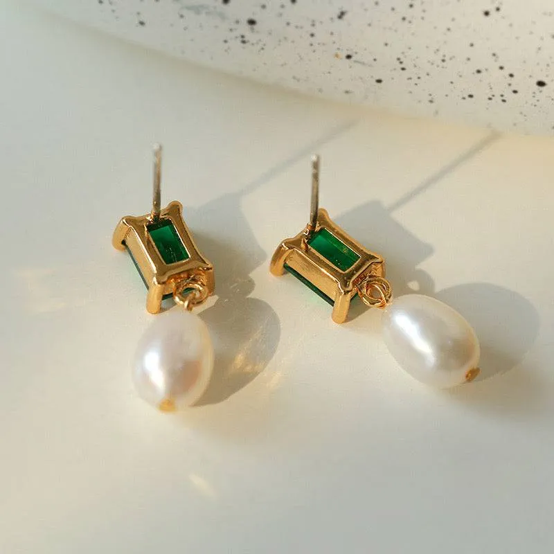 Green CZ Pearl Drop Earrings