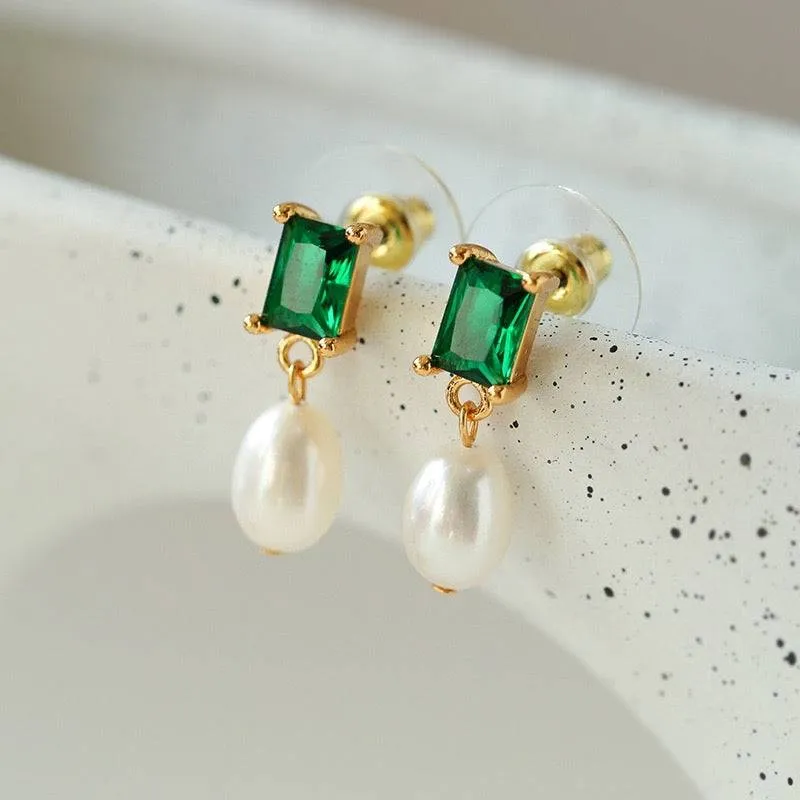 Green CZ Pearl Drop Earrings