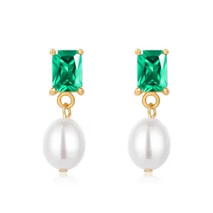 Green CZ Pearl Drop Earrings