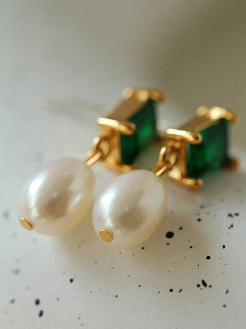 Green CZ Pearl Drop Earrings