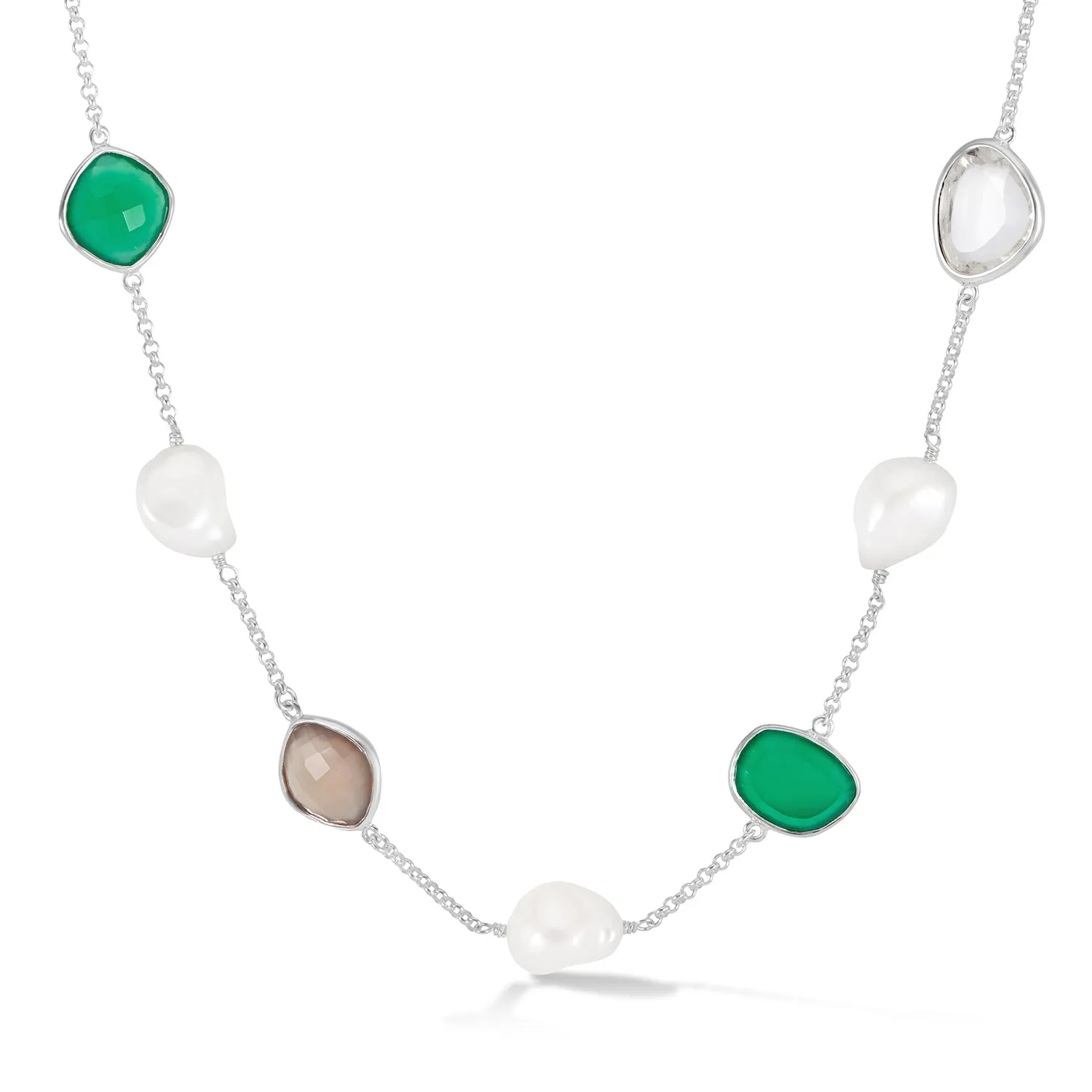 Green Gemstone & Baroque Pearl Pebble Necklace