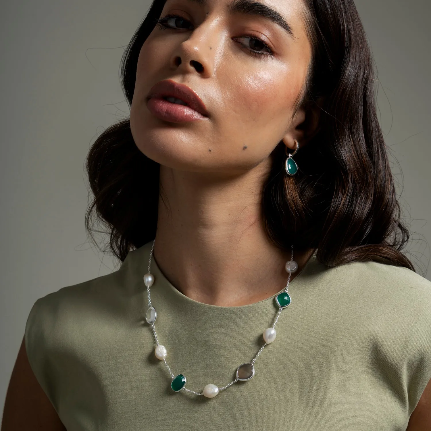 Green Gemstone & Baroque Pearl Pebble Necklace