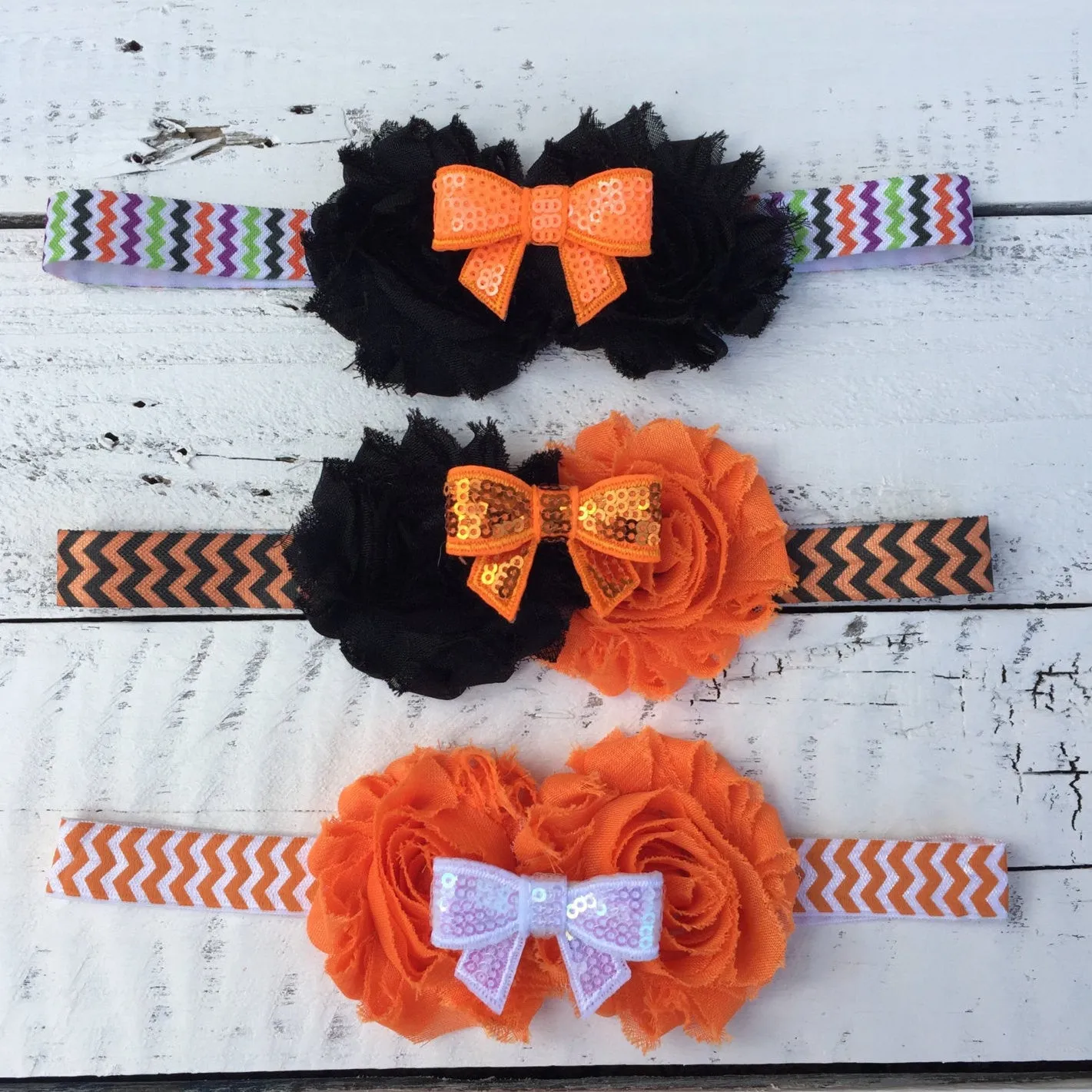 Halloween Headband - Shabby Flower - Sequin Bow - Chevron, Polka Dot Elastic