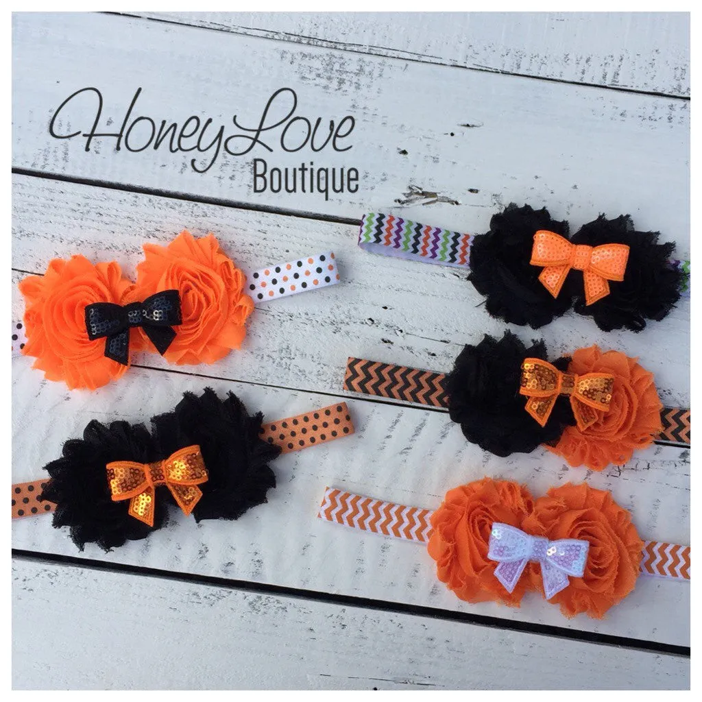 Halloween Headband - Shabby Flower - Sequin Bow - Chevron, Polka Dot Elastic