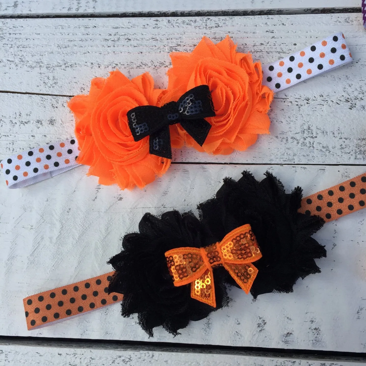 Halloween Headband - Shabby Flower - Sequin Bow - Chevron, Polka Dot Elastic