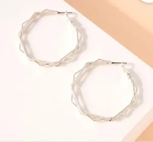 Hexagon Triple Layered Silver Hoop Earrings