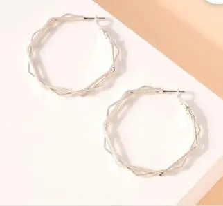 Hexagon Triple Layered Silver Hoop Earrings