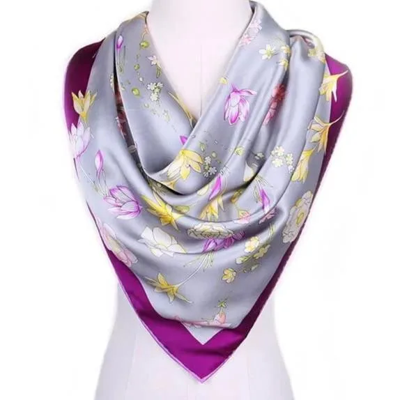 Large Square Satin Silk Scarf Spring Blossom Purple